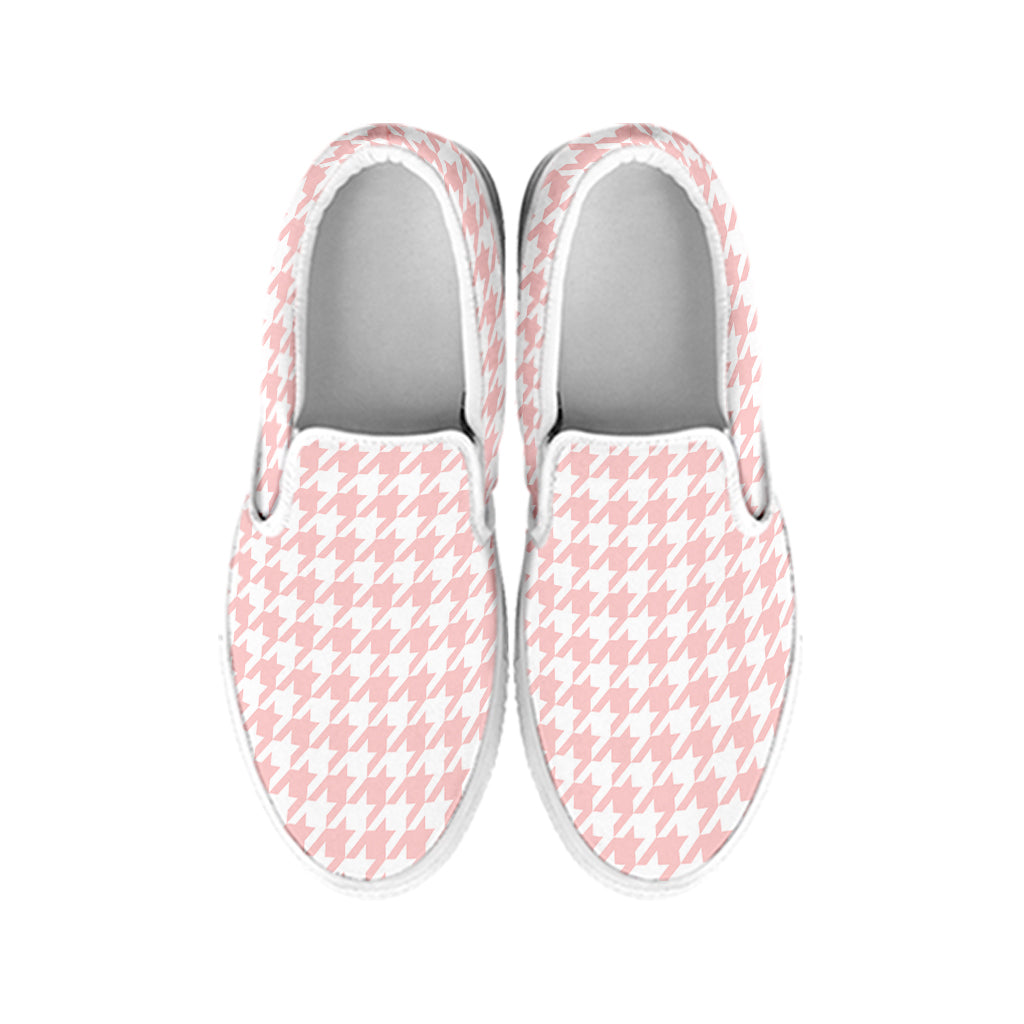 Pastel Pink And White Houndstooth Print White Slip On Shoes