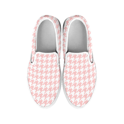 Pastel Pink And White Houndstooth Print White Slip On Shoes