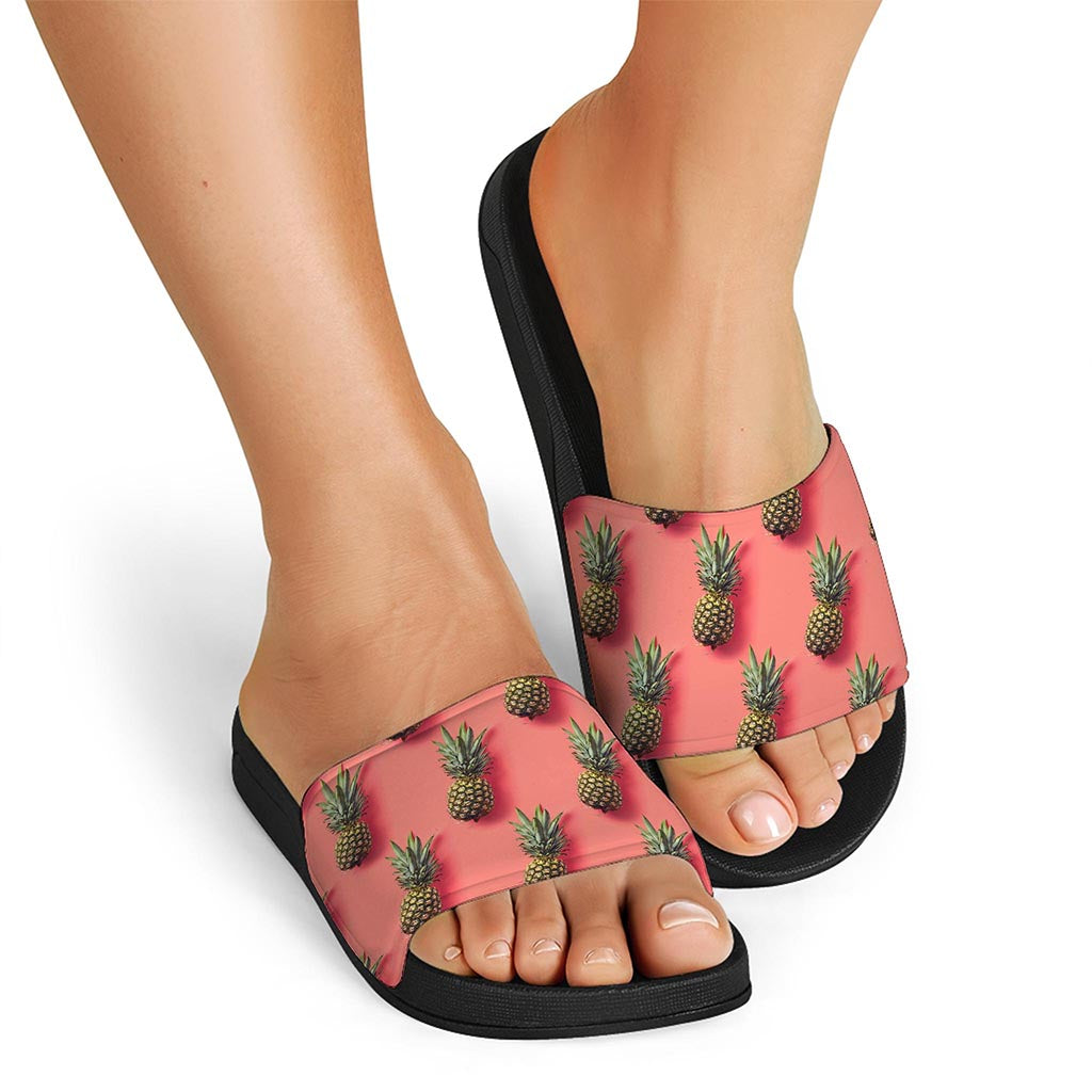 Pastel Pink Pineapple Pattern Print Black Slide Sandals