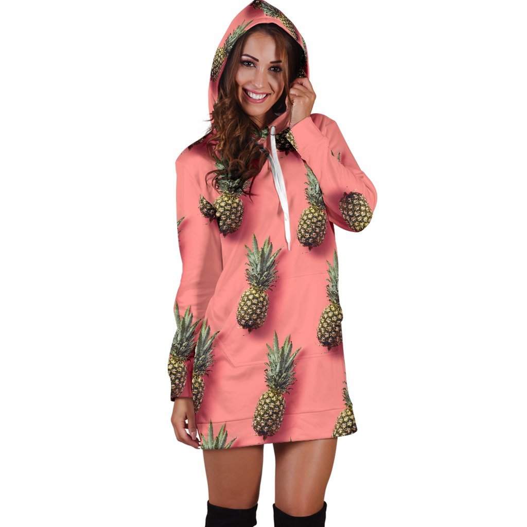 Pastel Pink Pineapple Pattern Print Hoodie Dress GearFrost