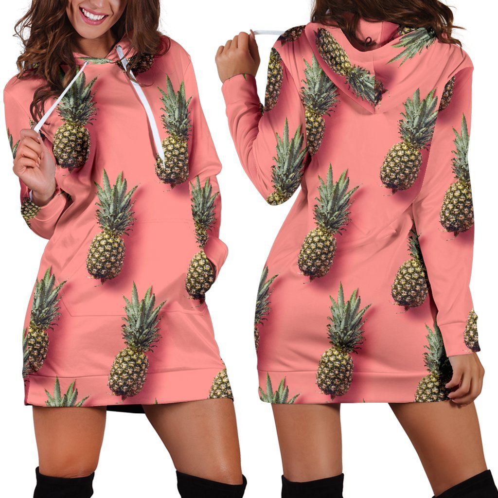 Pastel Pink Pineapple Pattern Print Hoodie Dress GearFrost