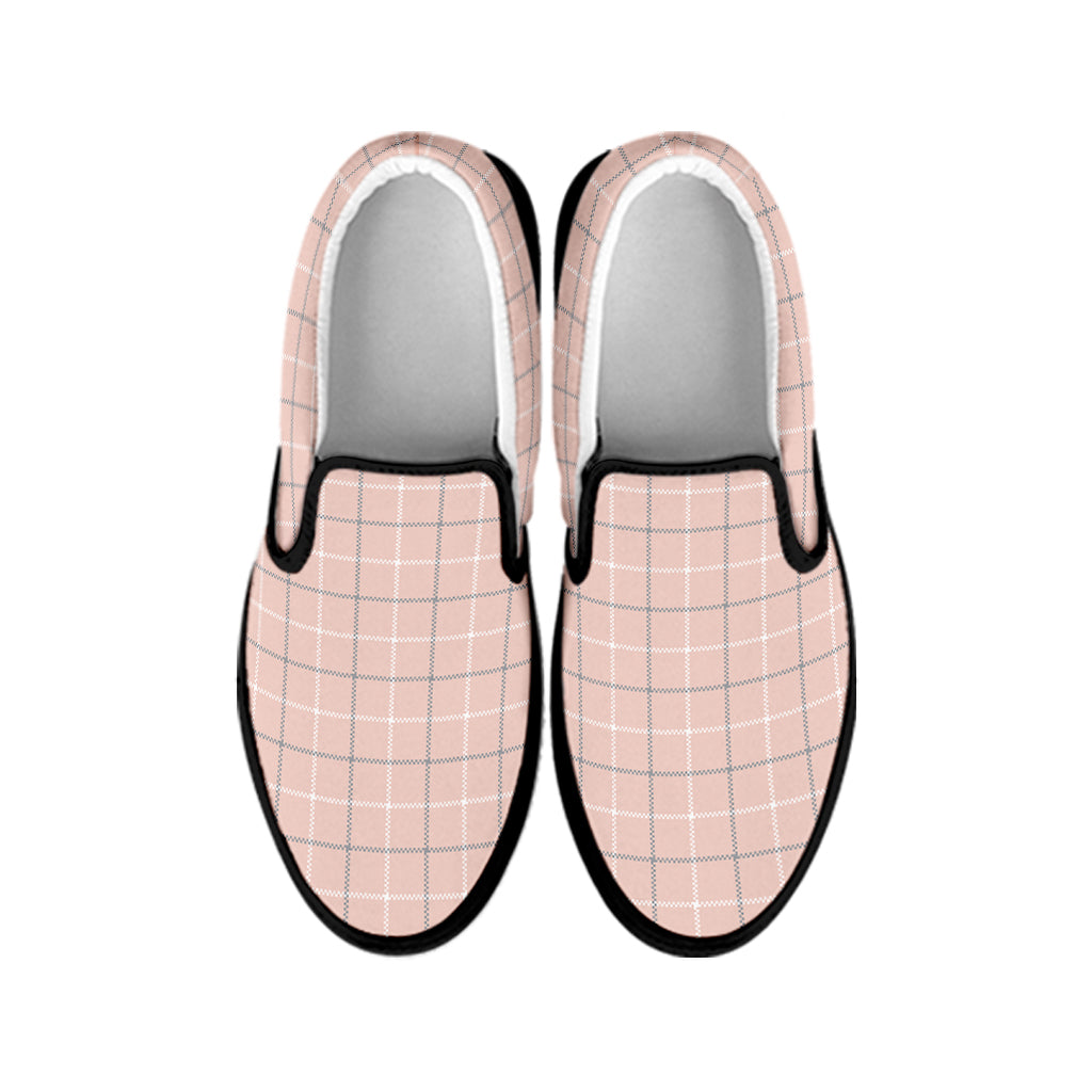 Pastel Pink Tattersall Pattern Print Black Slip On Shoes