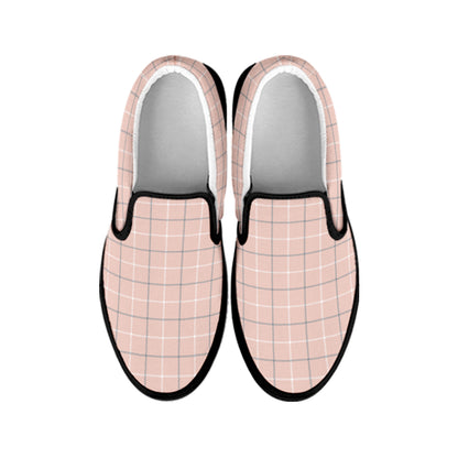 Pastel Pink Tattersall Pattern Print Black Slip On Shoes
