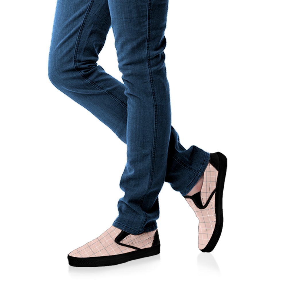 Pastel Pink Tattersall Pattern Print Black Slip On Shoes