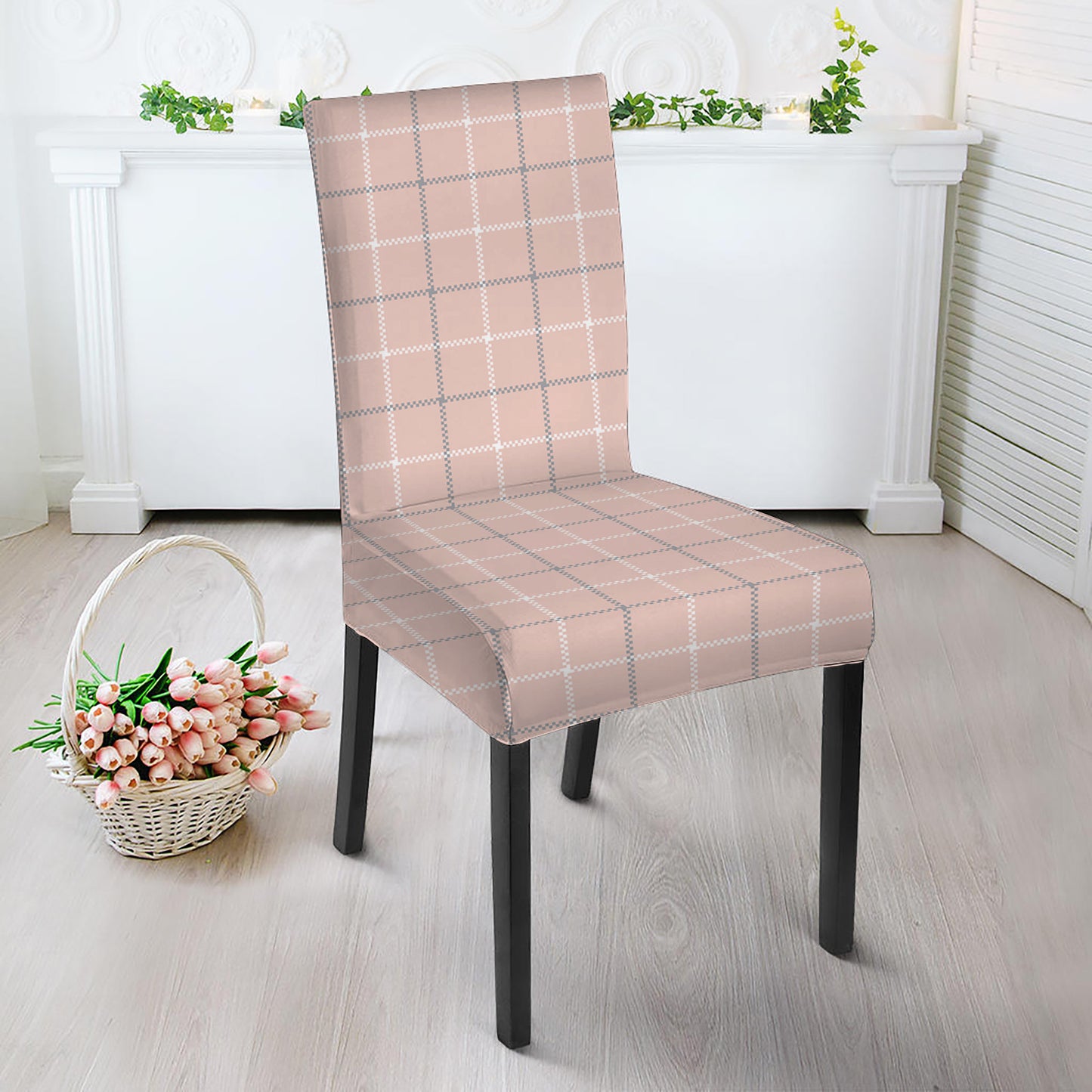 Pastel Pink Tattersall Pattern Print Dining Chair Slipcover