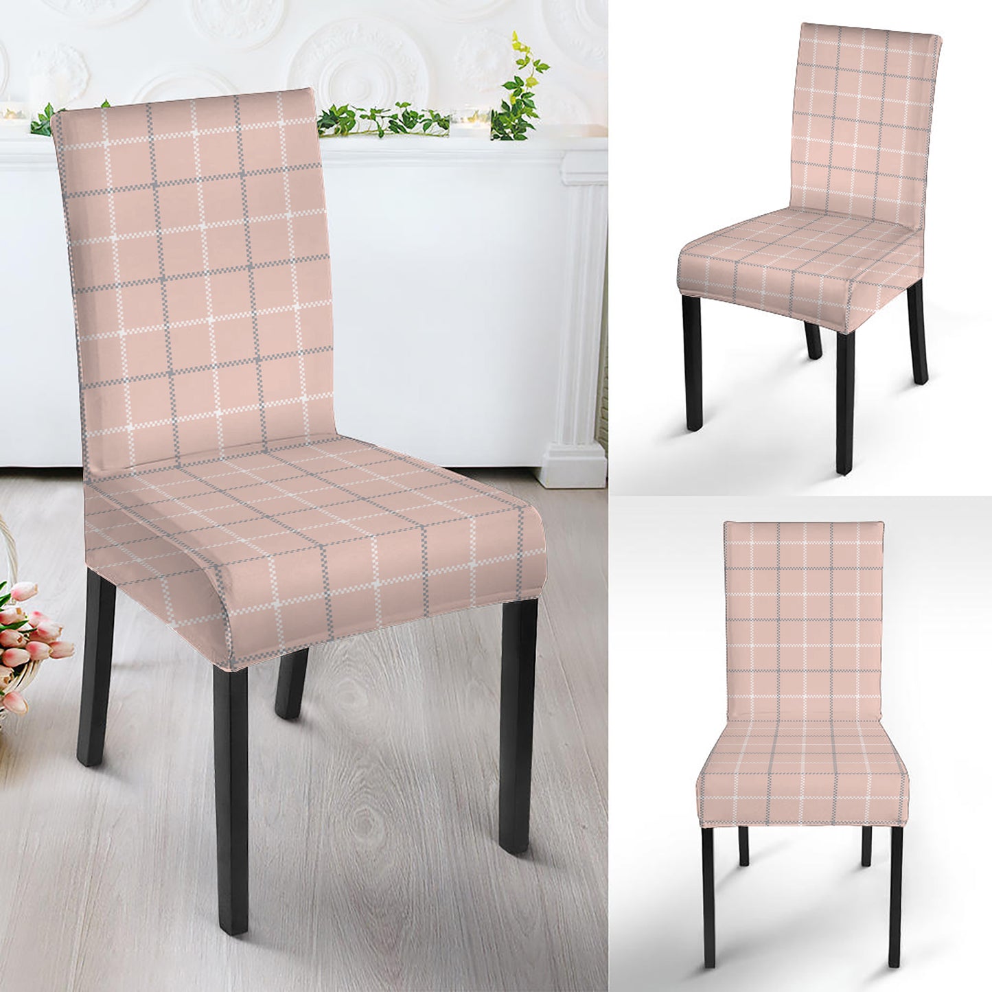 Pastel Pink Tattersall Pattern Print Dining Chair Slipcover