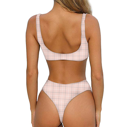 Pastel Pink Tattersall Pattern Print Front Bow Tie Bikini