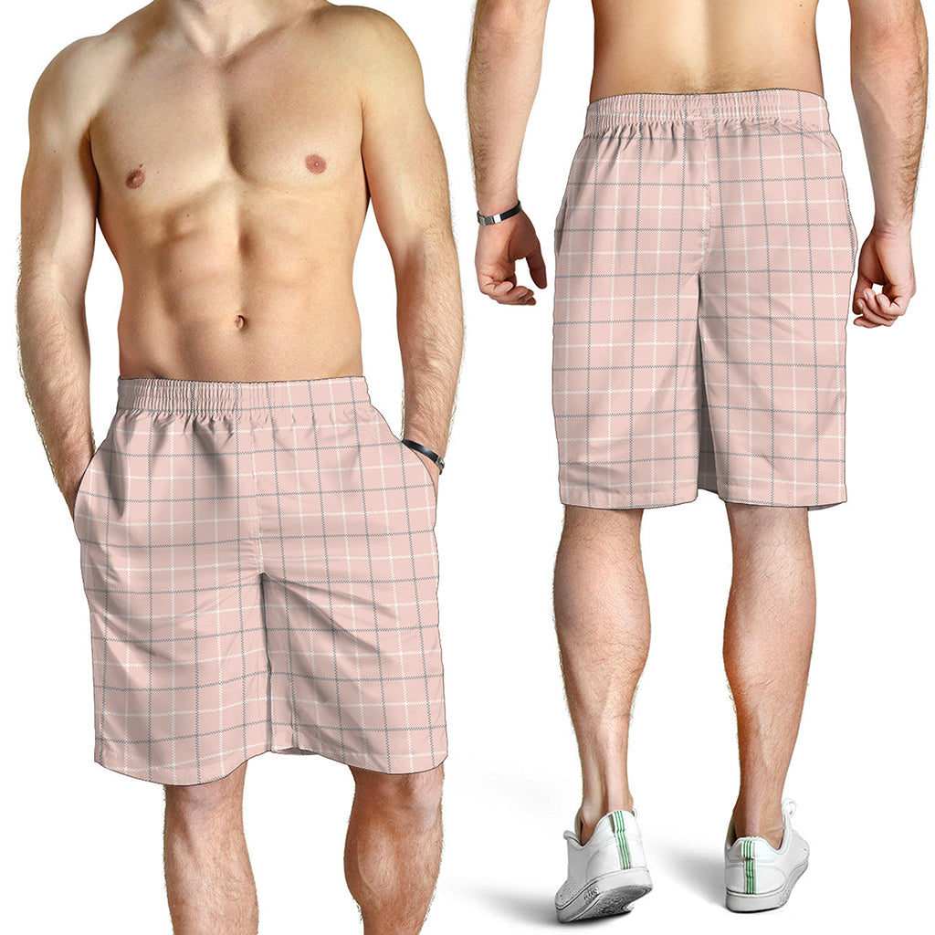 Pastel Pink Tattersall Pattern Print Men's Shorts