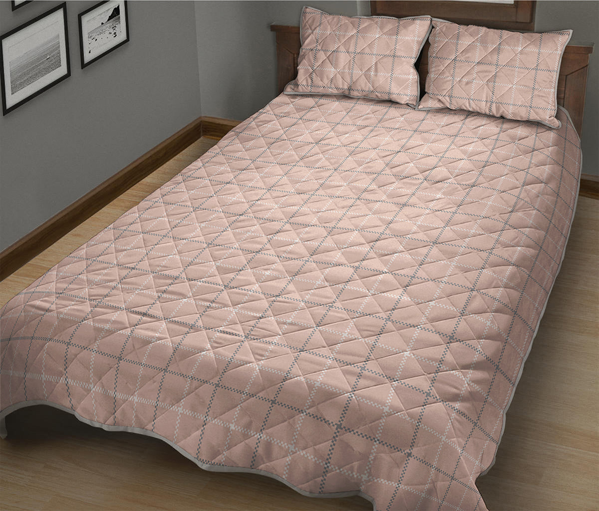 Pastel Pink Tattersall Pattern Print Quilt Bed Set