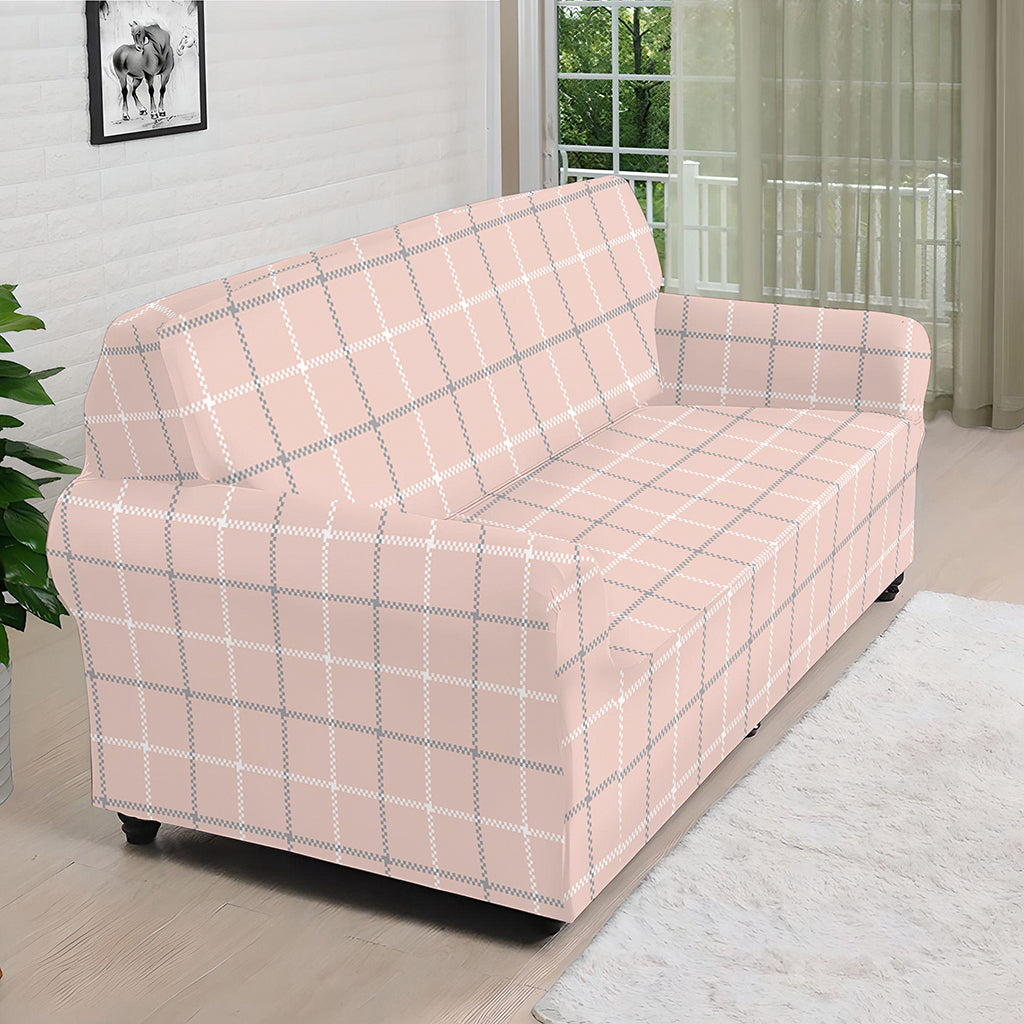 Pastel Pink Tattersall Pattern Print Sofa Cover