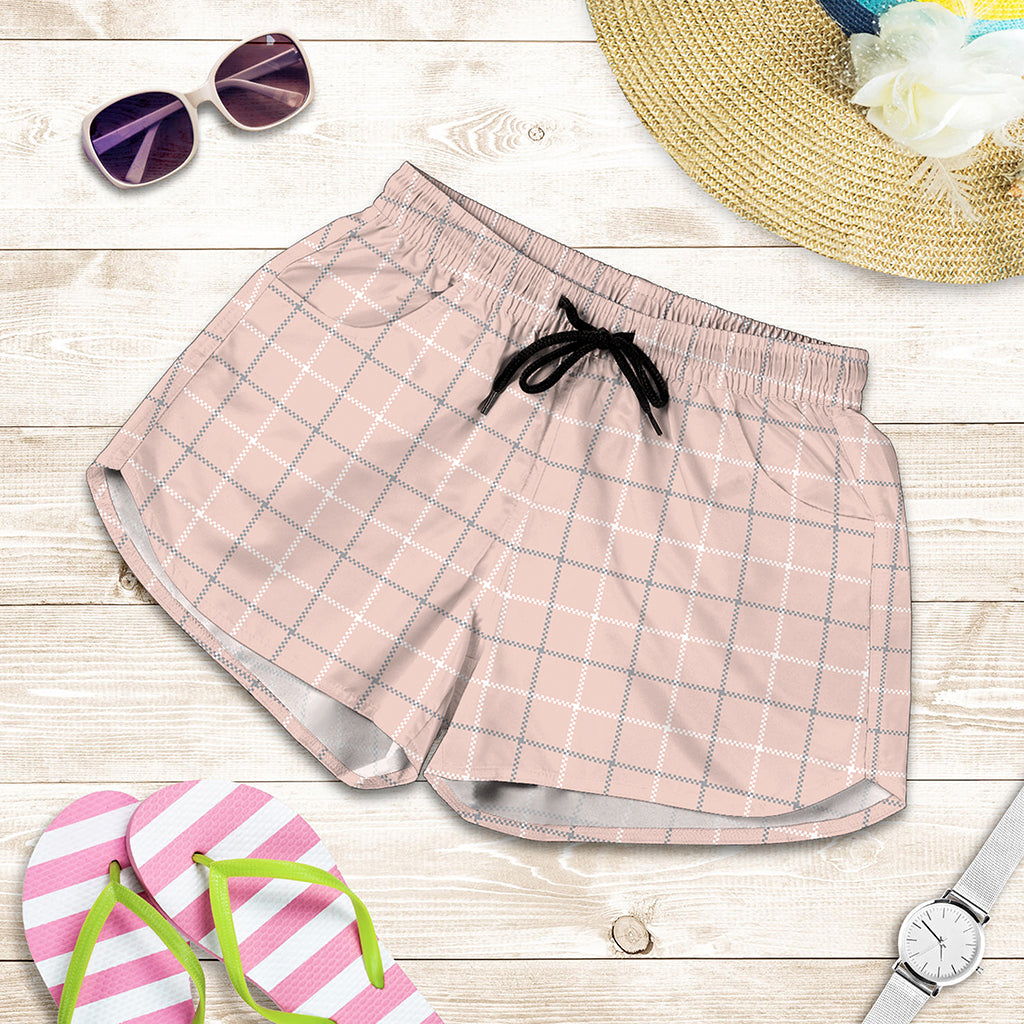 Pastel Pink Tattersall Pattern Print Women's Shorts