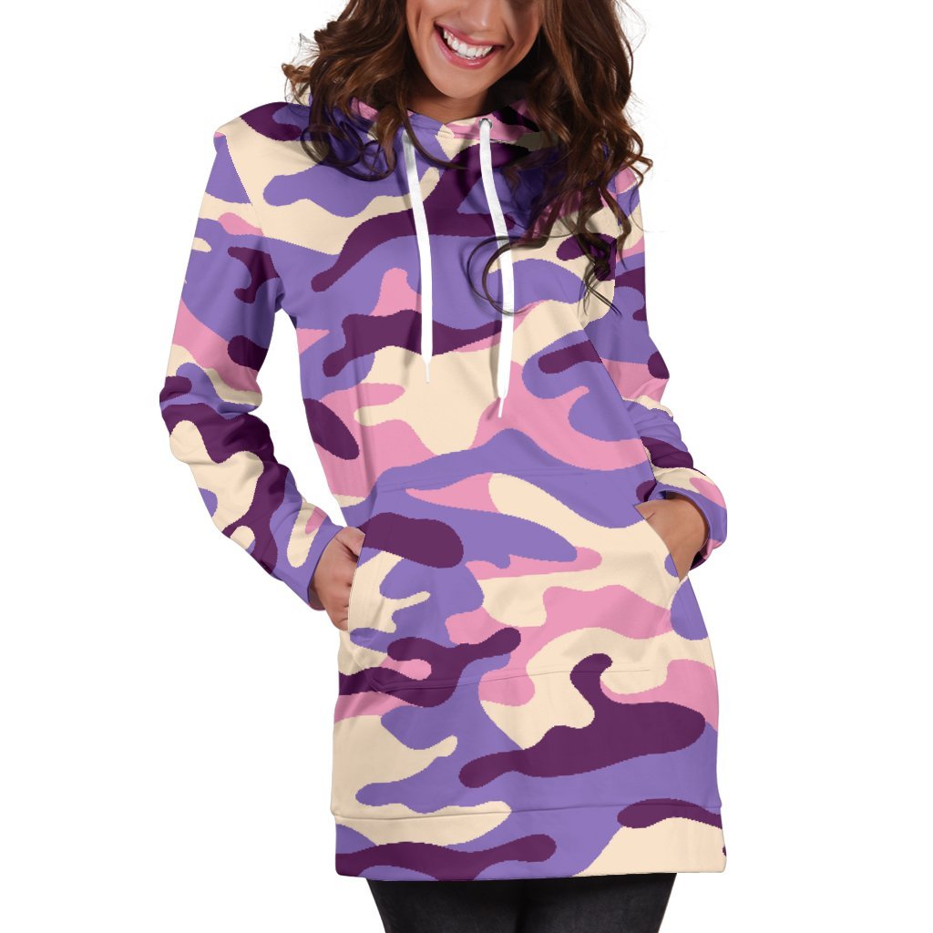 Pastel Purple Camouflage Print Hoodie Dress GearFrost