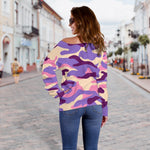 Pastel Purple Camouflage Print Off Shoulder Sweatshirt GearFrost