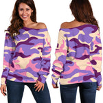 Pastel Purple Camouflage Print Off Shoulder Sweatshirt GearFrost