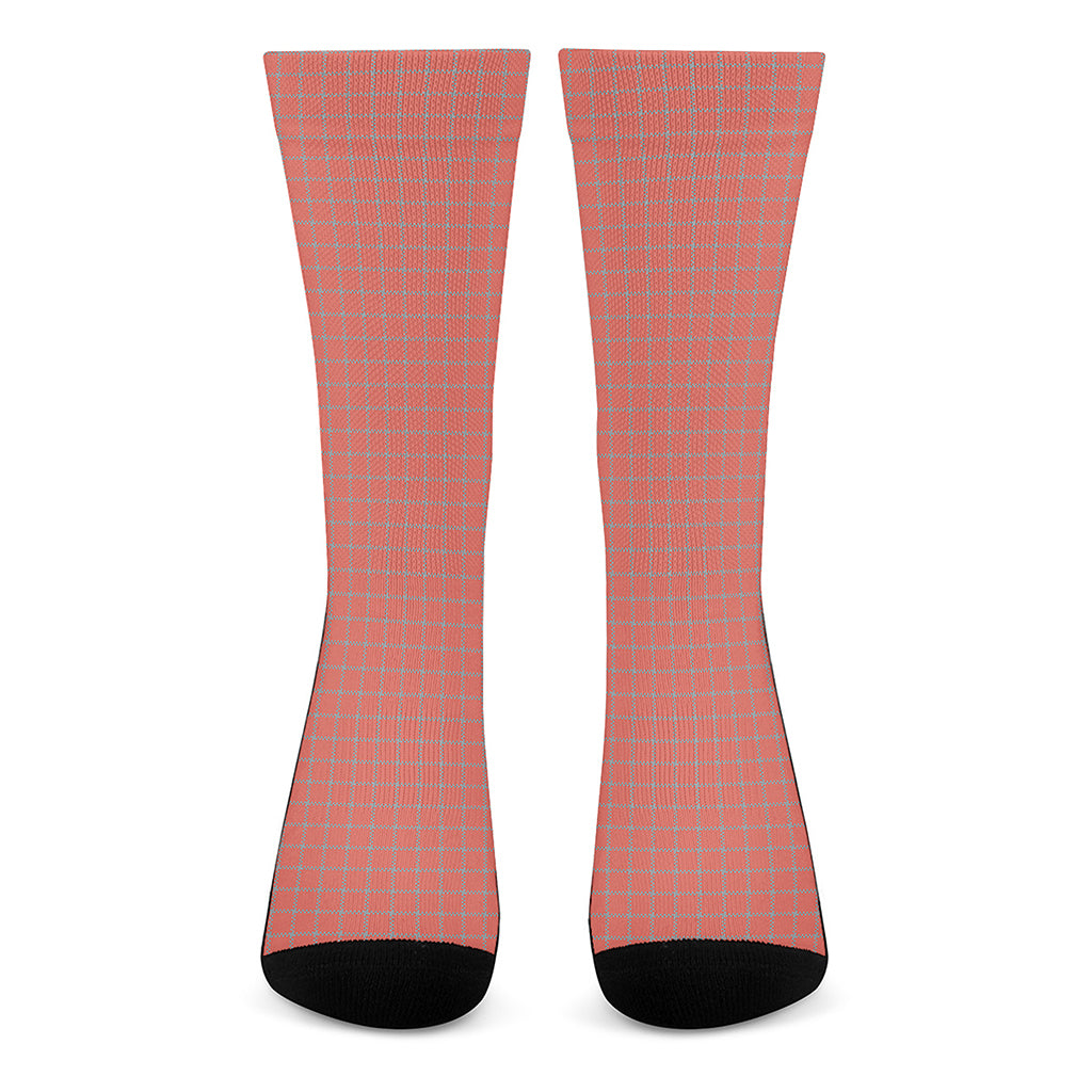 Pastel Red And Grey Tattersall Print Crew Socks