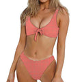 Pastel Red And Grey Tattersall Print Front Bow Tie Bikini