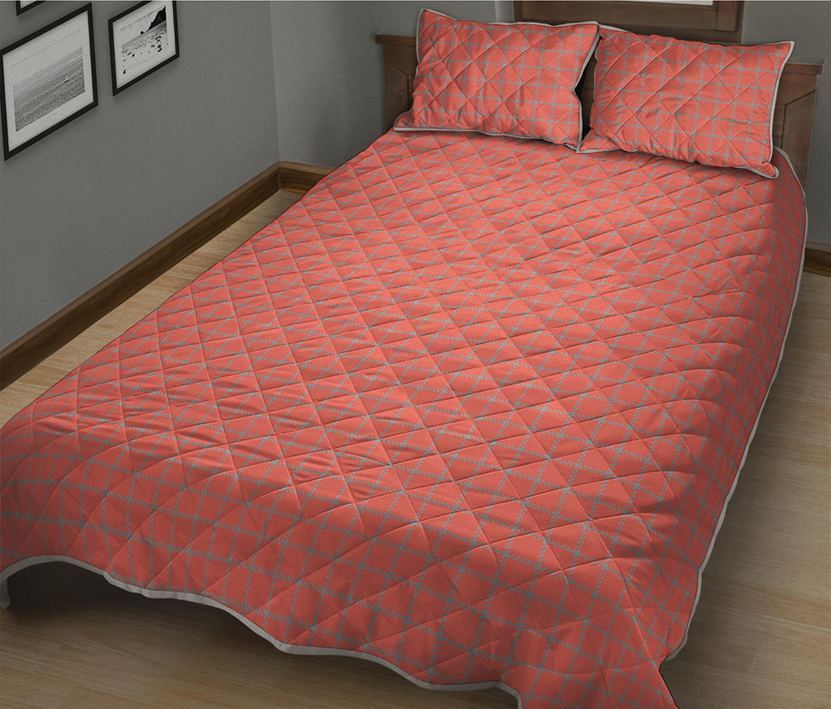 Pastel Red And Grey Tattersall Print Quilt Bed Set