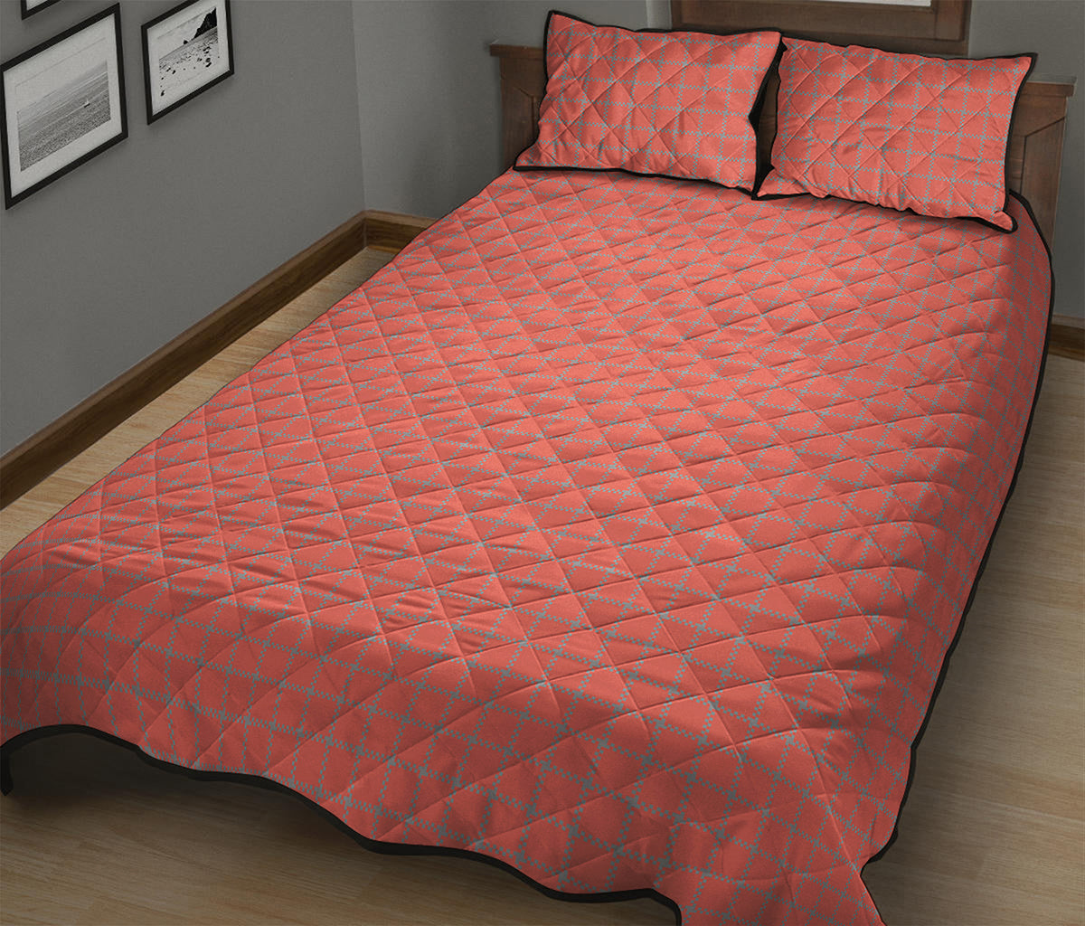 Pastel Red And Grey Tattersall Print Quilt Bed Set