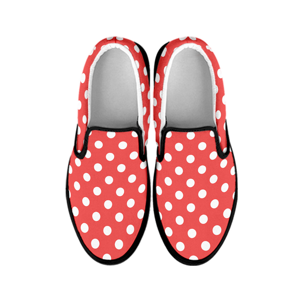 Pastel Red And White Polka Dot Print Black Slip On Shoes