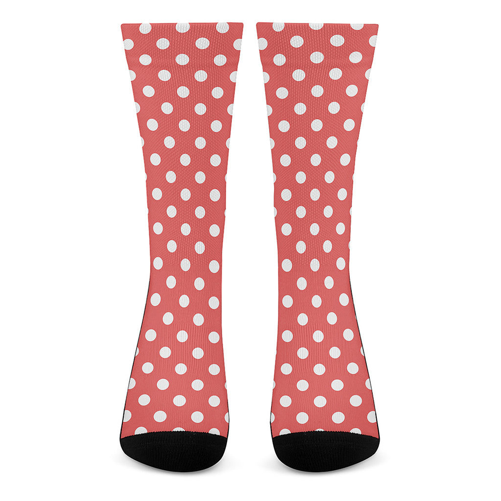 Pastel Red And White Polka Dot Print Crew Socks