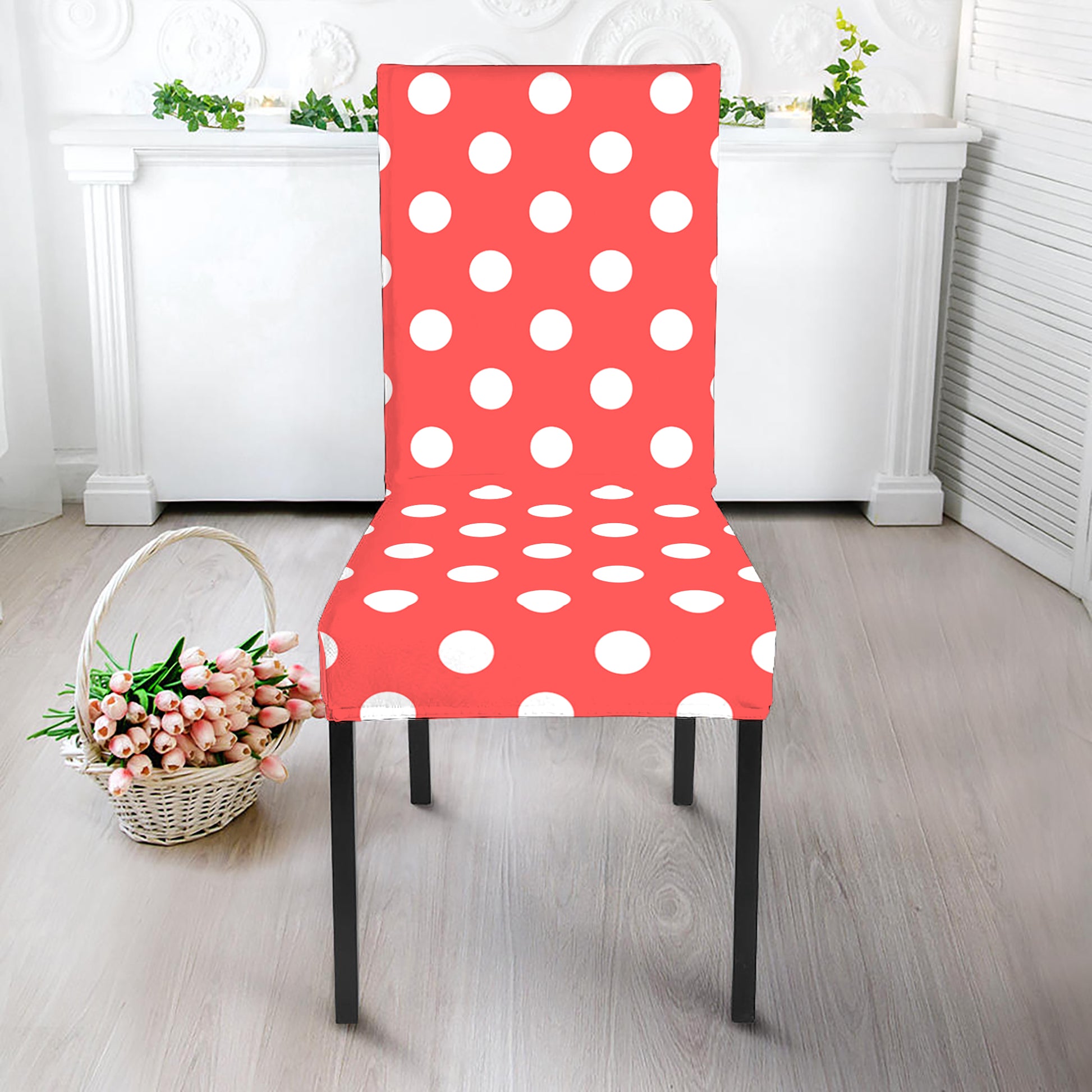 Pastel Red And White Polka Dot Print Dining Chair Slipcover
