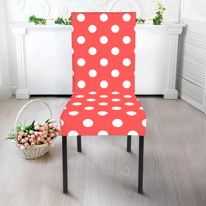 Pastel Red And White Polka Dot Print Dining Chair Slipcover