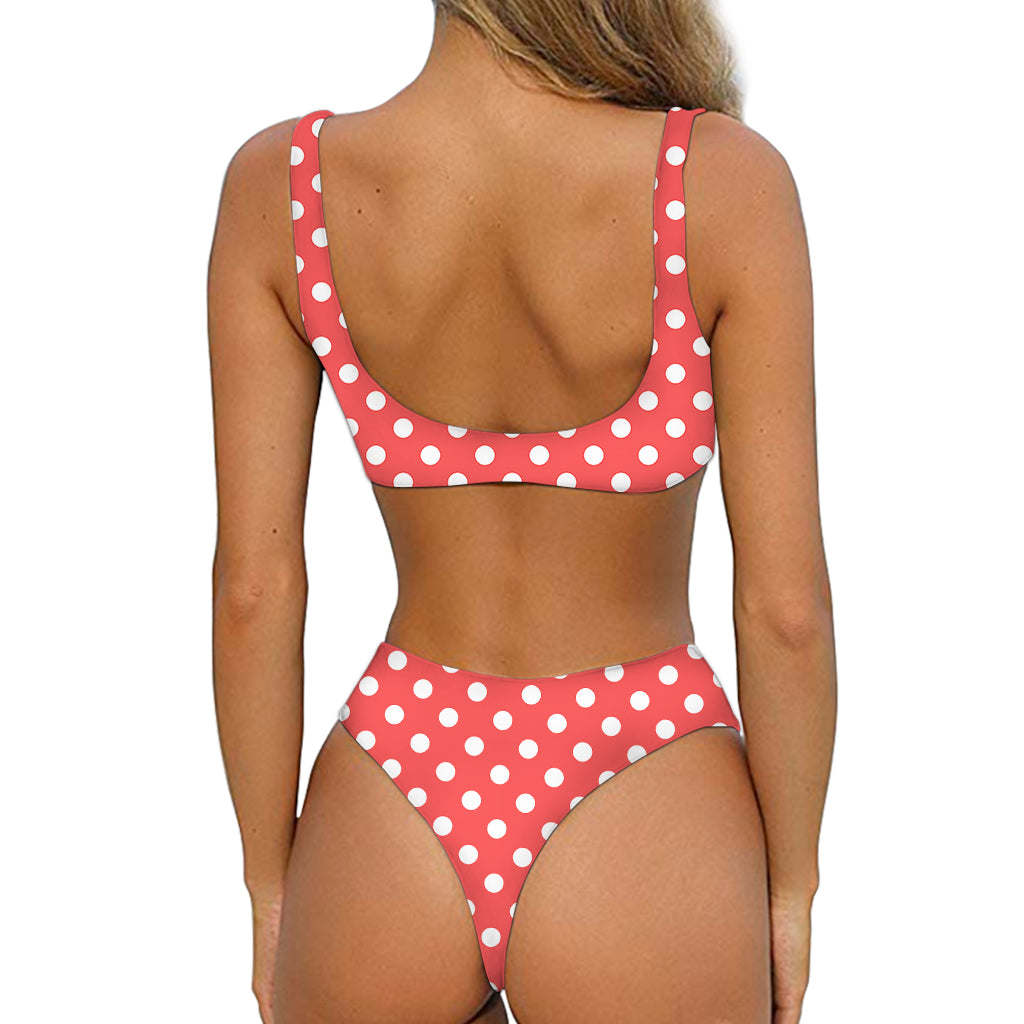 Pastel Red And White Polka Dot Print Front Bow Tie Bikini
