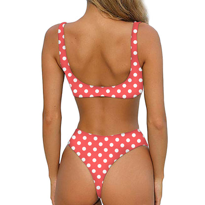 Pastel Red And White Polka Dot Print Front Bow Tie Bikini