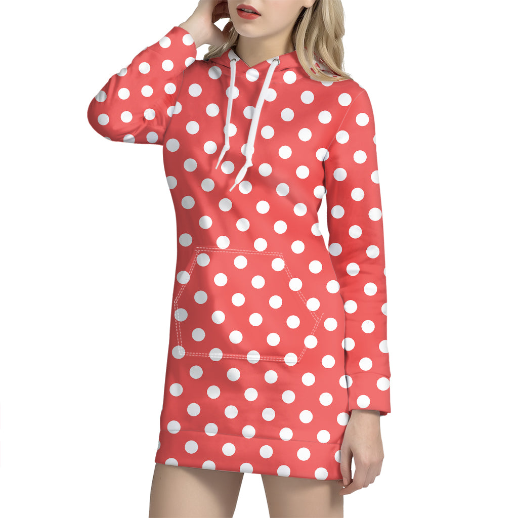 Pastel Red And White Polka Dot Print Hoodie Dress