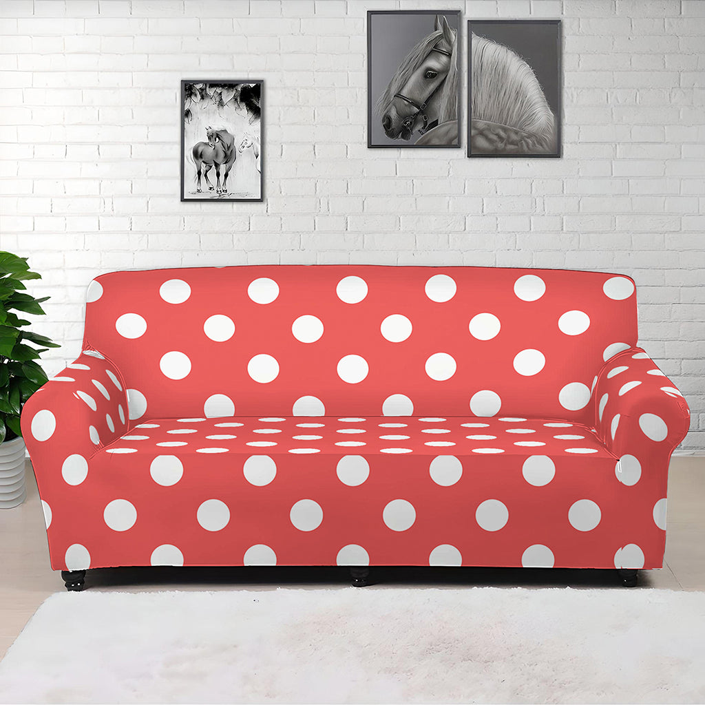 Pastel Red And White Polka Dot Print Sofa Cover