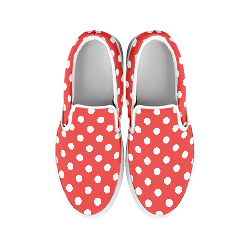 Pastel Red And White Polka Dot Print White Slip On Shoes