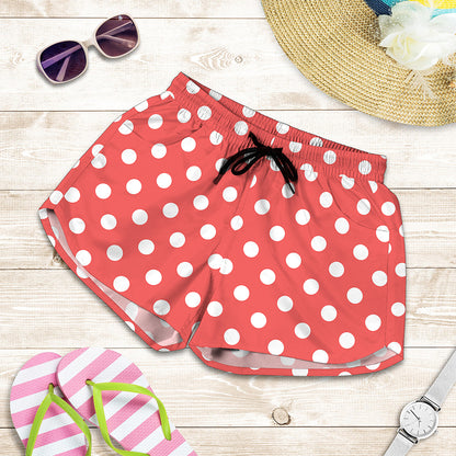 Pastel Red And White Polka Dot Print Women's Shorts