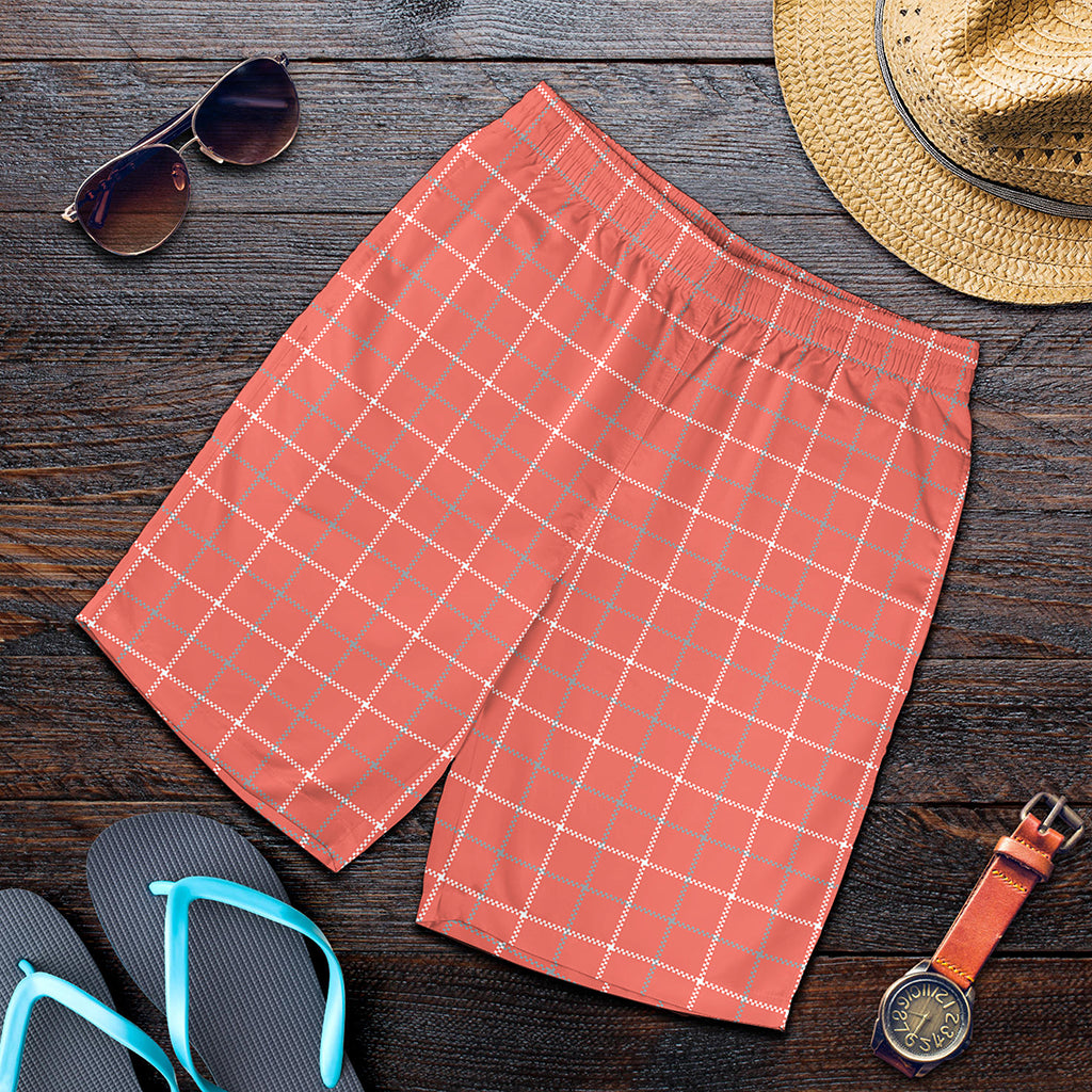Pastel Red Tattersall Pattern Print Men's Shorts