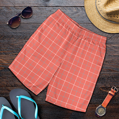 Pastel Red Tattersall Pattern Print Men's Shorts