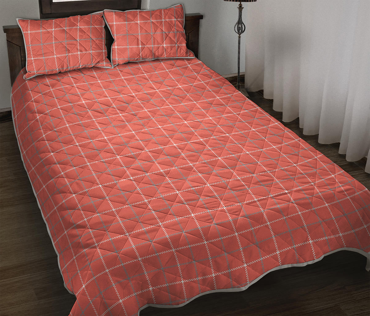 Pastel Red Tattersall Pattern Print Quilt Bed Set