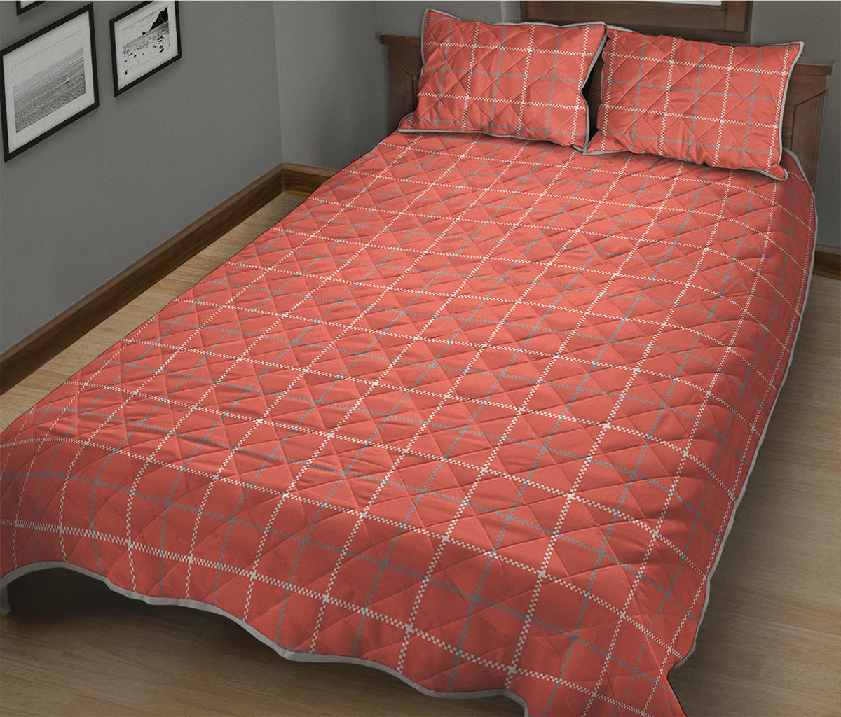 Pastel Red Tattersall Pattern Print Quilt Bed Set