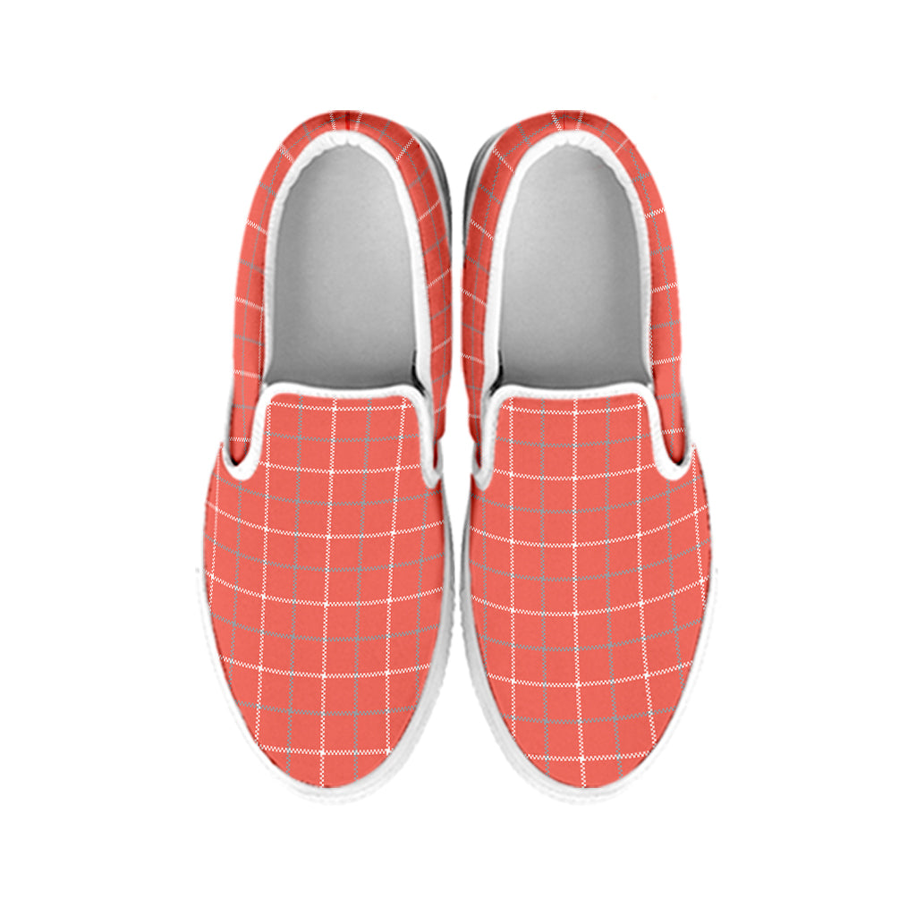 Pastel Red Tattersall Pattern Print White Slip On Shoes