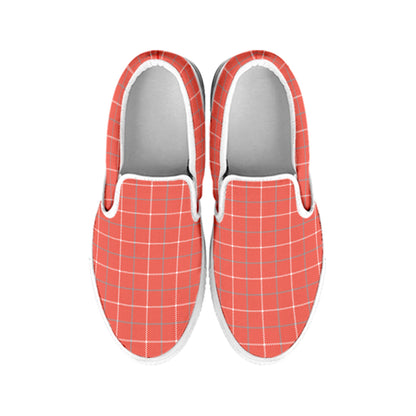 Pastel Red Tattersall Pattern Print White Slip On Shoes
