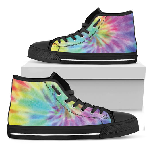 Pastel Spiral Tie Dye Print Black High Top Shoes