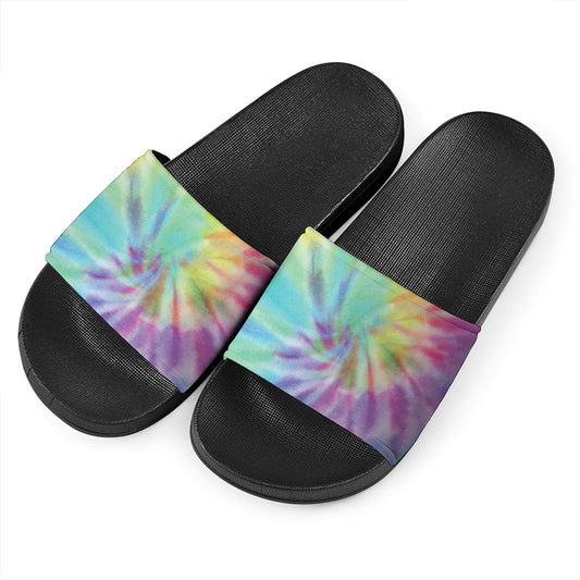 Pastel Spiral Tie Dye Print Black Slide Sandals