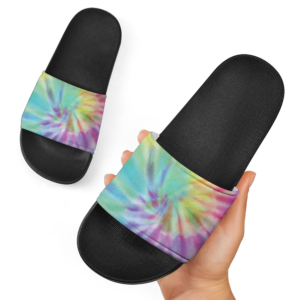 Pastel Spiral Tie Dye Print Black Slide Sandals