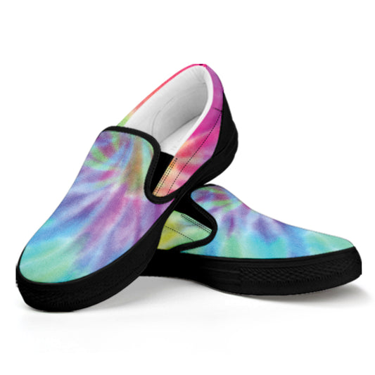 Pastel Spiral Tie Dye Print Black Slip On Shoes