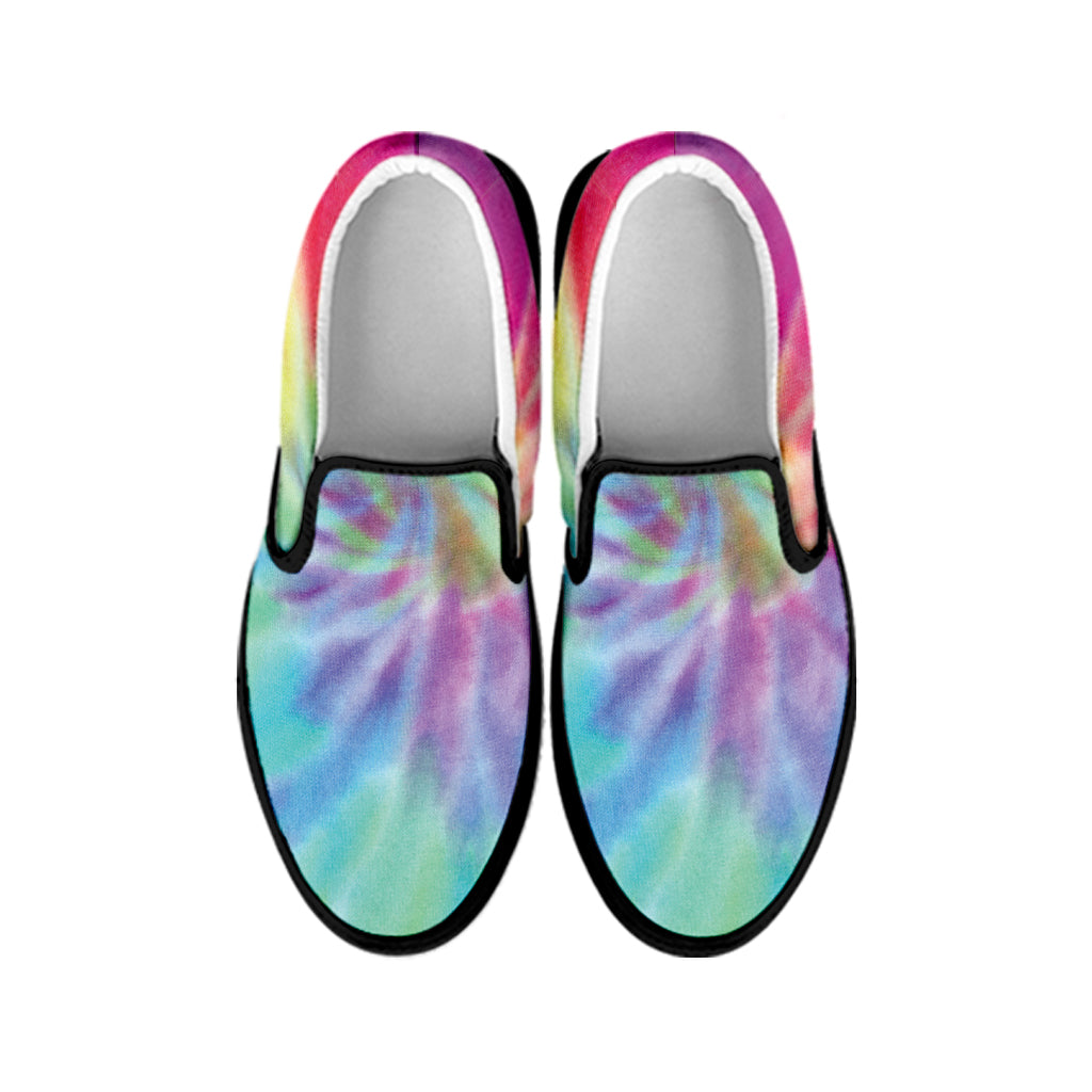 Pastel Spiral Tie Dye Print Black Slip On Shoes