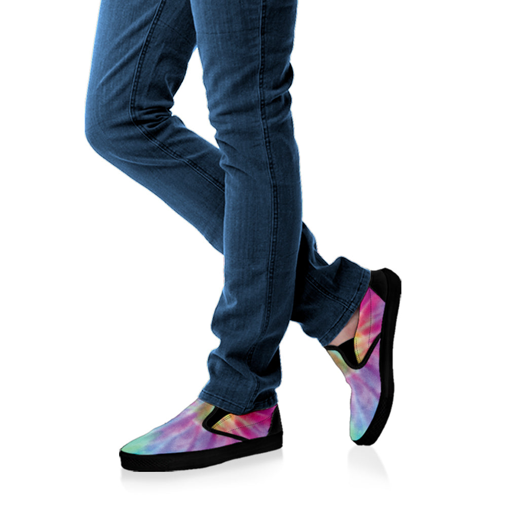Pastel Spiral Tie Dye Print Black Slip On Shoes