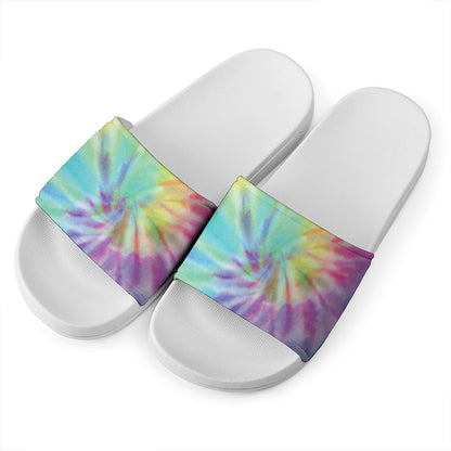 Pastel Spiral Tie Dye Print White Slide Sandals