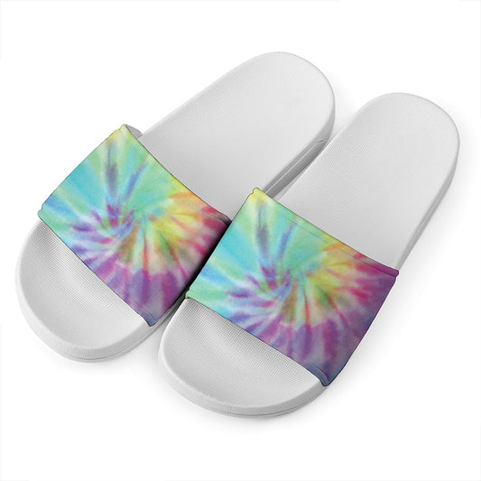 Pastel Spiral Tie Dye Print White Slide Sandals