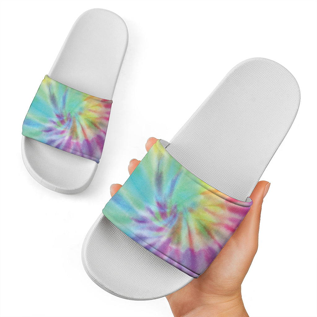 Pastel Spiral Tie Dye Print White Slide Sandals