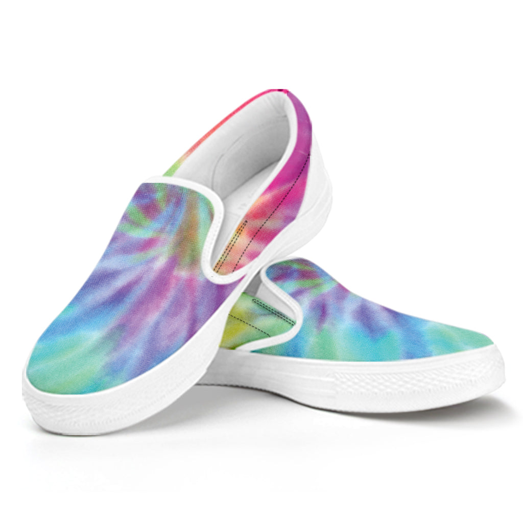Pastel Spiral Tie Dye Print White Slip On Shoes