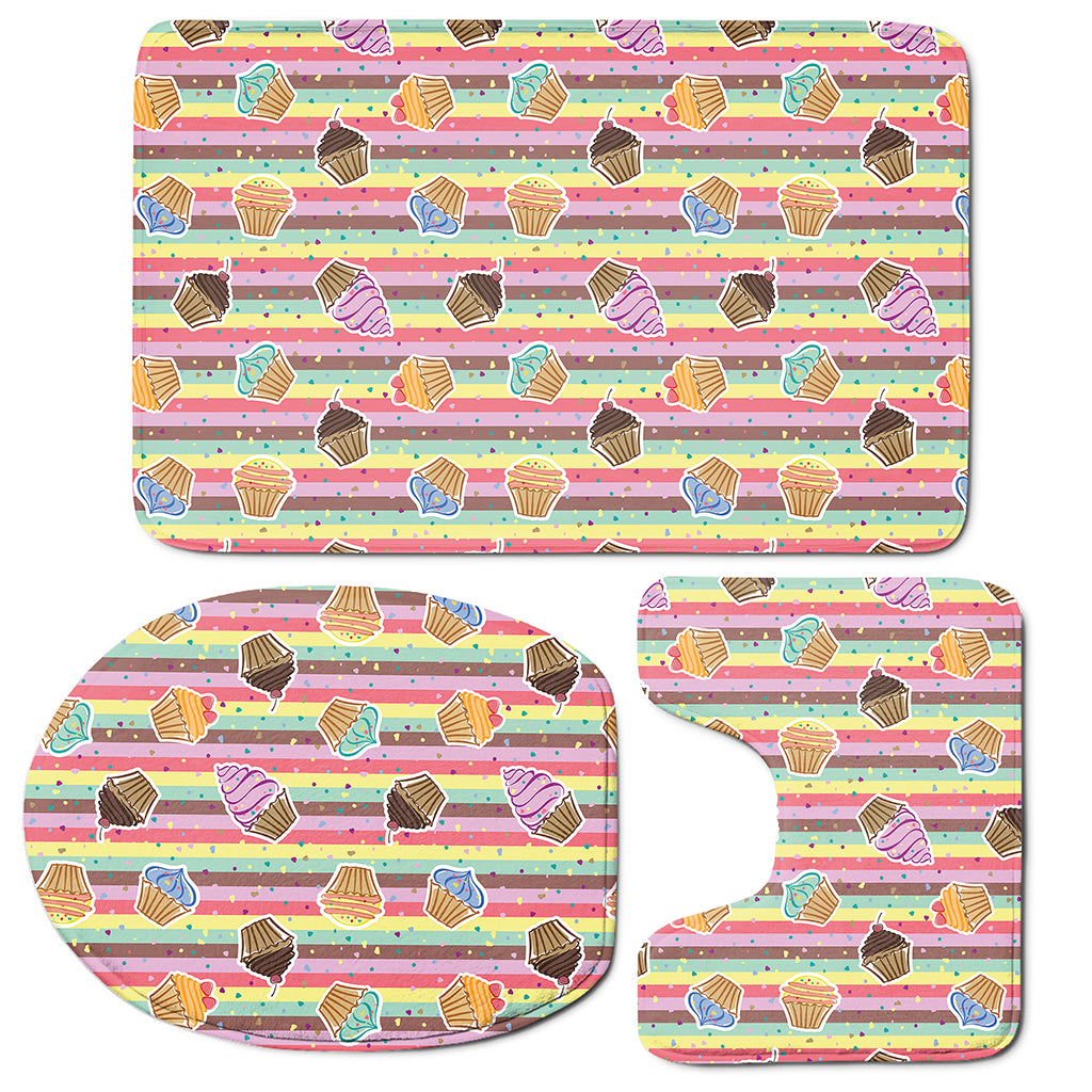 Pastel Striped Cupcake Pattern Print 3 Piece Bath Mat Set