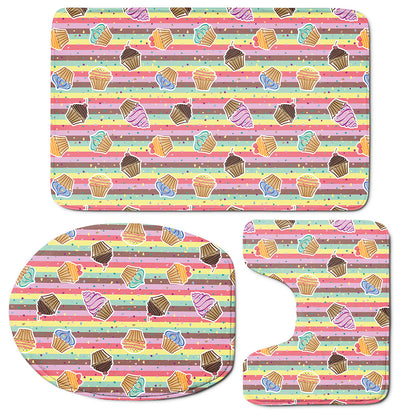 Pastel Striped Cupcake Pattern Print 3 Piece Bath Mat Set